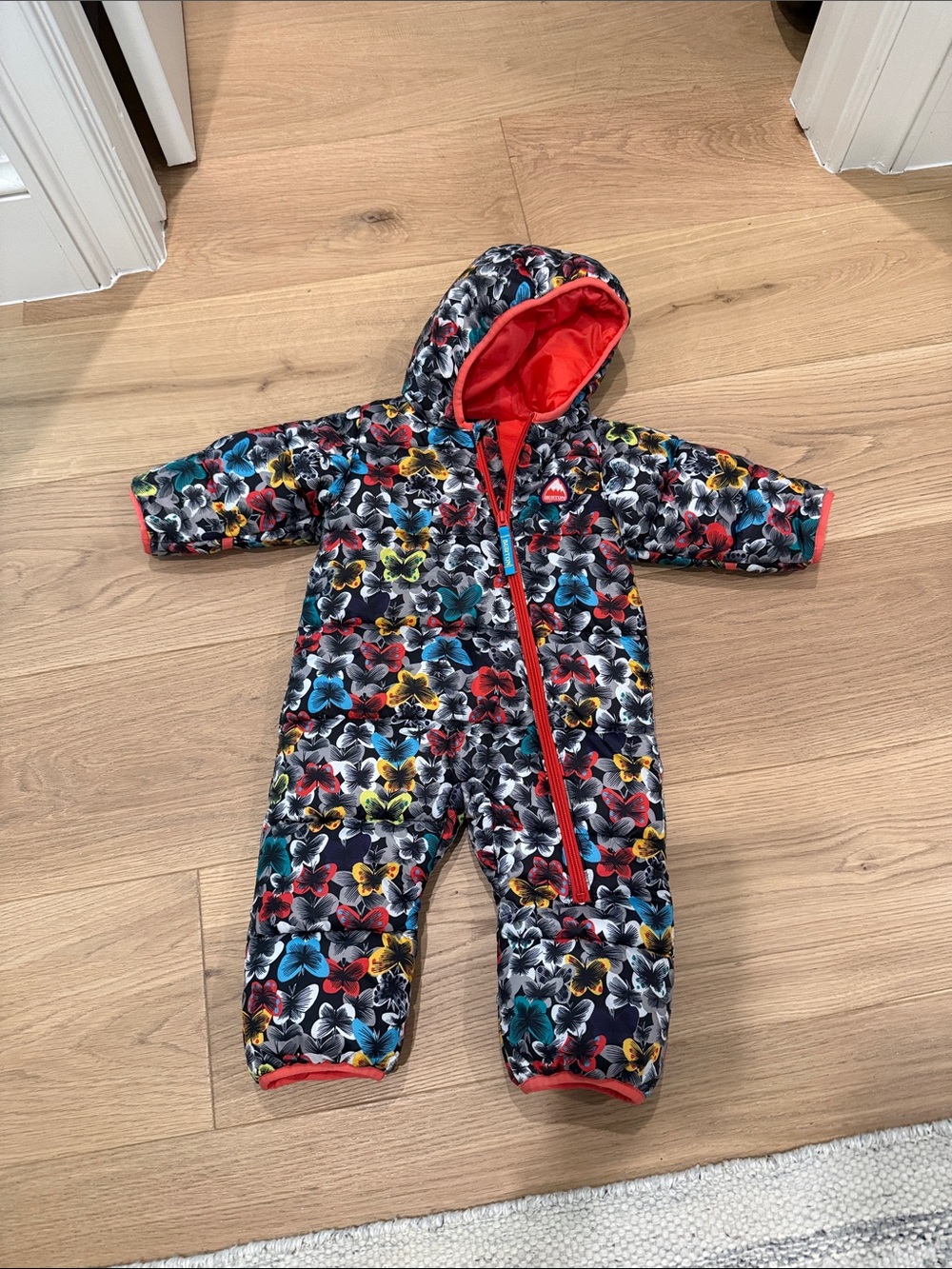 Burton Kids One-Piece Snowsuit with Multicolor Butterfly Pattern and Red Trim